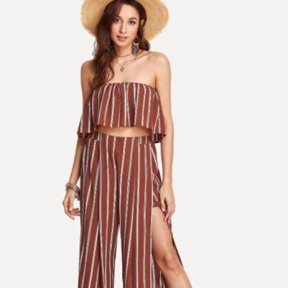 Striped red tube top pant set